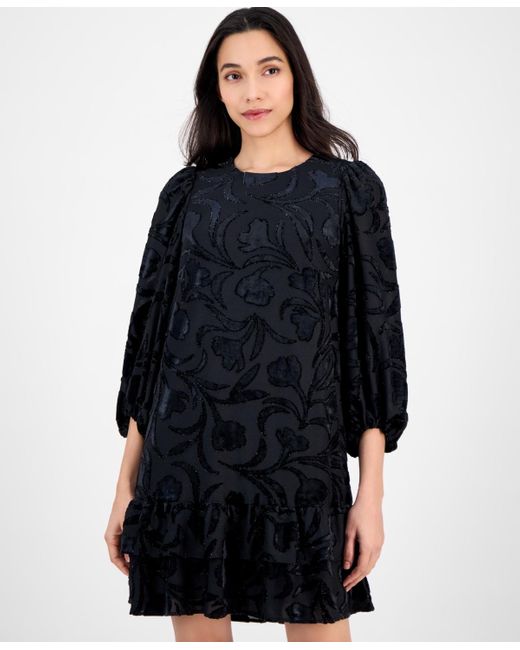 Anne Klein Black Petite Balloon Sleeve Burnout Velvet Dress