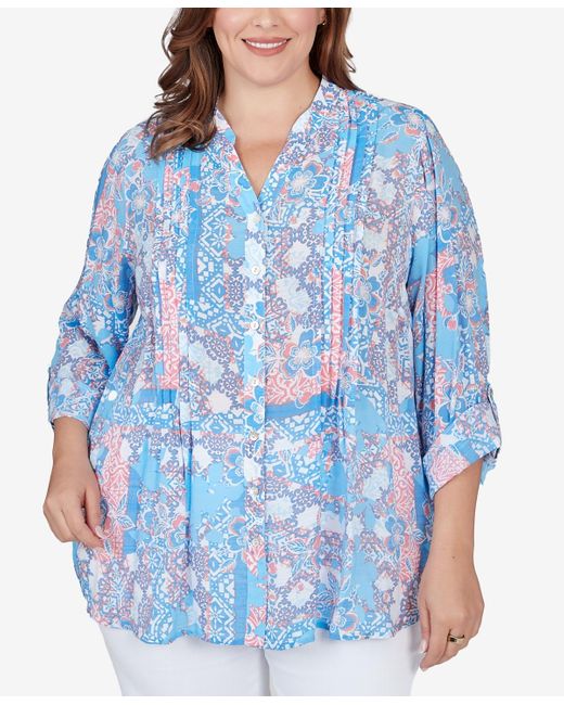 Ruby Rd Blue Plus Size Silky Gauze Patio Party Patchwork Button Front Top