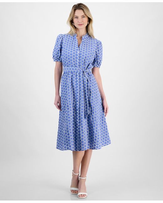 Tahari Blue Button-front Puff-sleeve Midi Dress