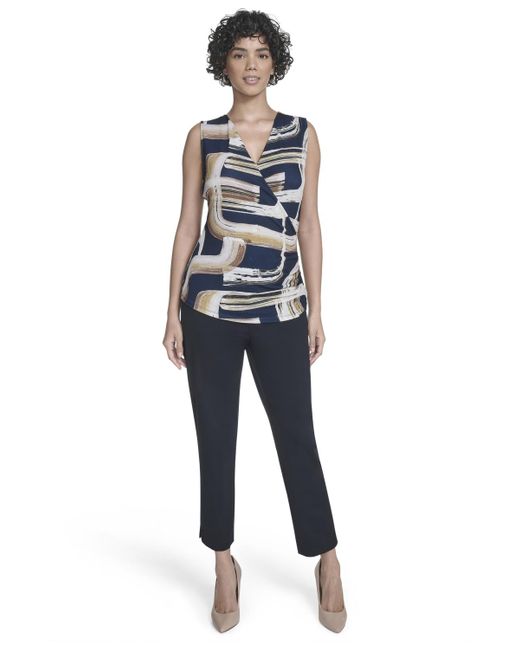 Calvin Klein Blue Printed Surplice-neck Ruched Blouse