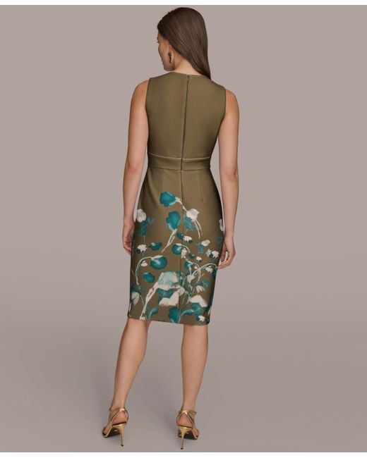Donna Karan Green  Split V-neck Floral Sheath Dress