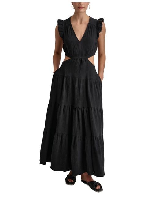 DKNY Black Cotton Gauze Cutout Maxi Dress