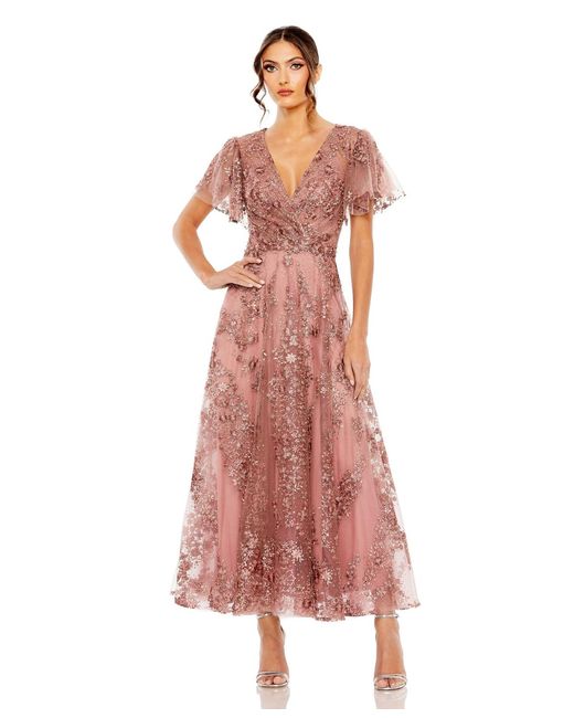 Mac Duggal Embroidered Flutter Sleeve A Line V Neck Dress in Pink | Lyst