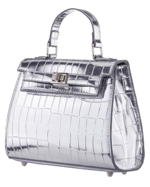 Nina White Mini Croco Embossed Magnetic Snap Satchel Bag