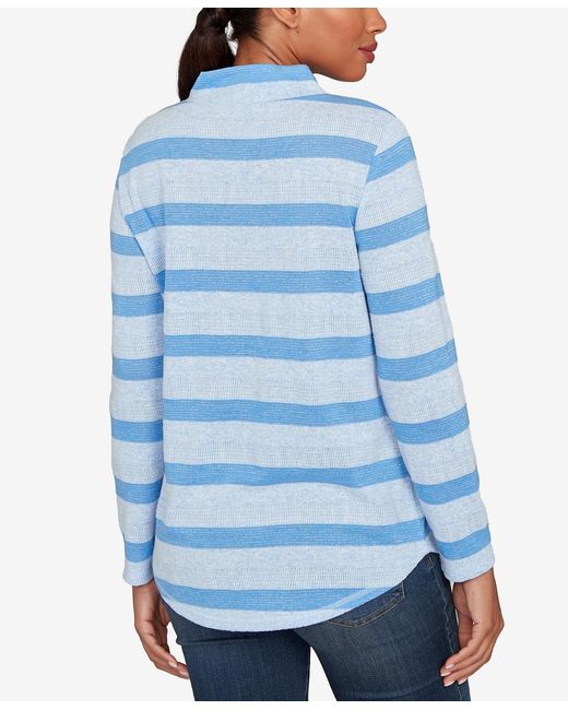 Ruby Rd Blue Petite Metallic Stripe Button Accent Knit Top