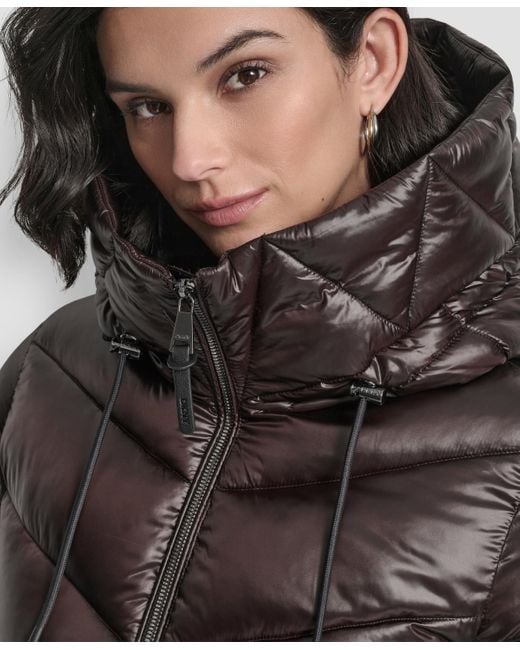 DKNY Brown Shine Hooded Puffer Coat
