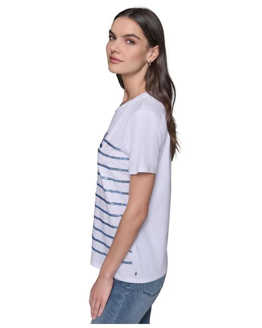 Karl Lagerfeld Blue Embellished Stripe Crewneck Tee