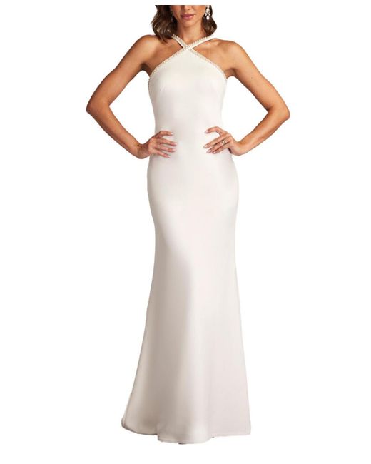 Tadashi Shoji White Sicily Pearl Trim Halter Gown