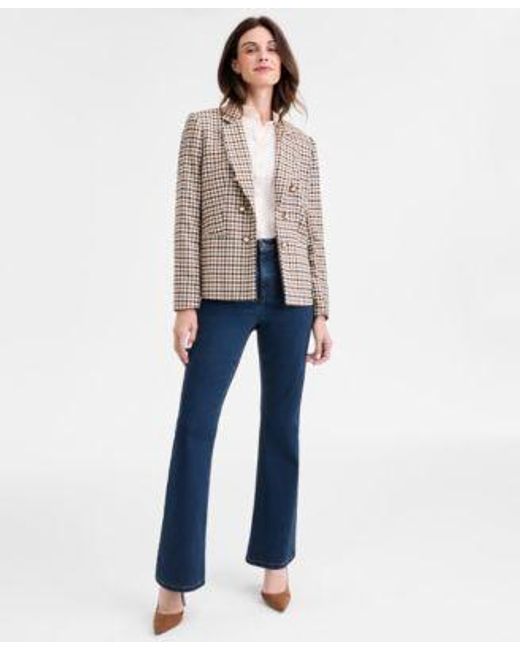 Jones New York Blue Faux Double Breasted Elbow Patch Jacket Collared Long Sleeve Top True Bootcut City Denim Jeans