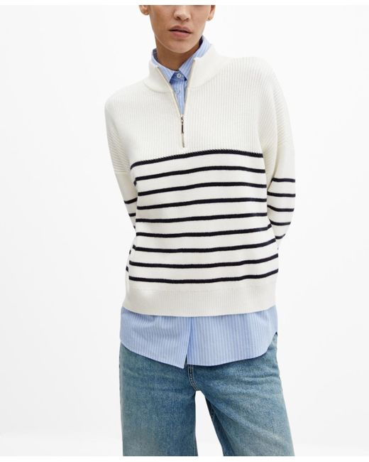 Mango White Zipper Detail Striped Sweater