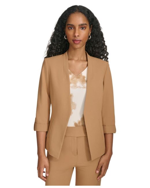 Calvin Klein Brown Petite Open-front Roll-tab-sleeve Asymmetrical Jacket
