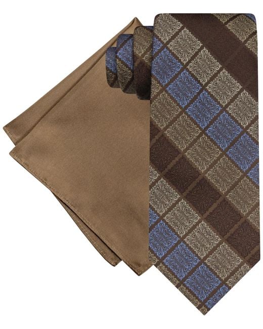 Steve Harvey Brown Gradient Squares Tie & Solid Pocket Square Set for men