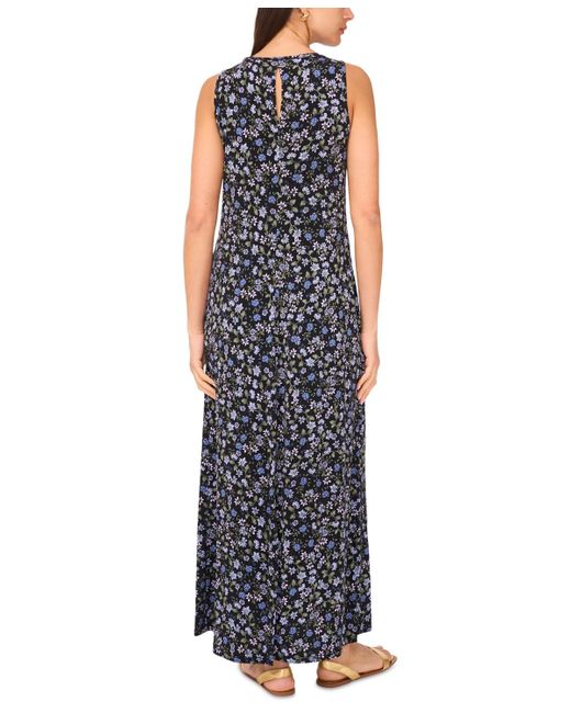 Vince Camuto Blue Floral Sleeveless Keyhole-back Crewneck Maxi Dress