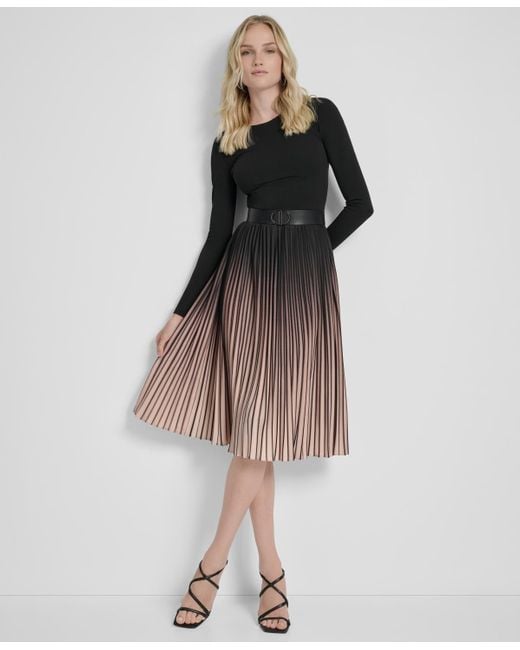 DKNY Multicolor Ombre Sunburst Pleat-skirt Long-sleeve Midi Dress