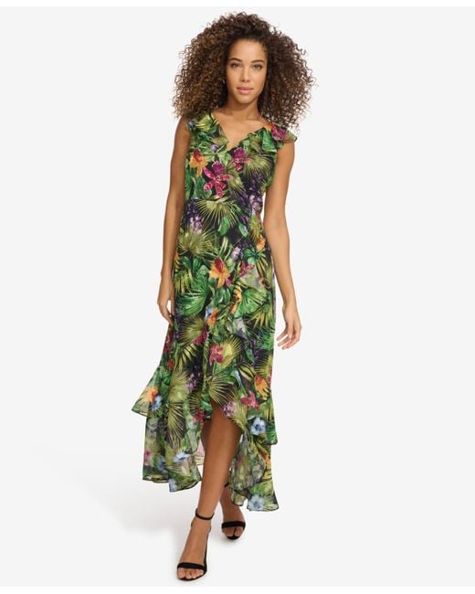 Kensie Green Floral-print Chiffon Ruffled Maxi Dress