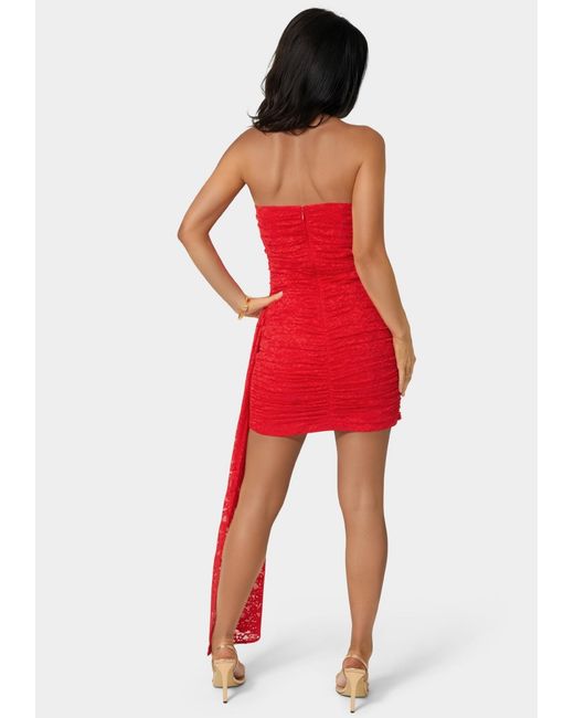 Bebe Strapless Lace Drape Detail Mini Dress in Red | Lyst