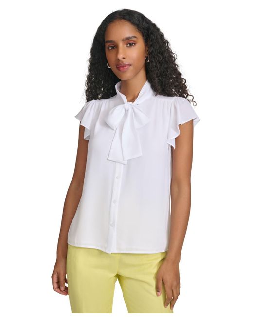 Calvin Klein White Petite Solid-color Cap-sleeve Bow Blouse