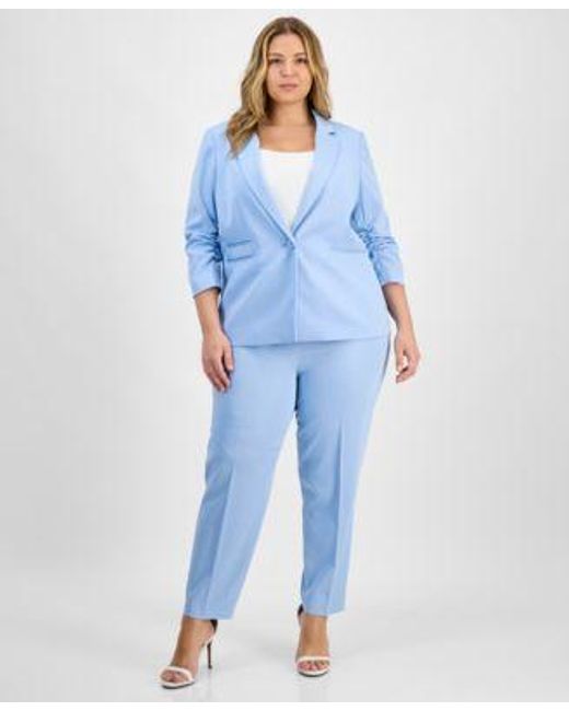 Tahari Women's Blue Plus Size Pinstriped Ruched Sleeve Blazer
