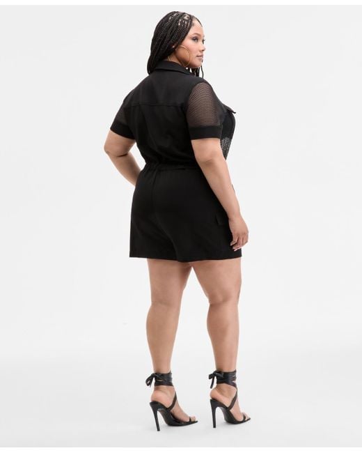 Nina Parker Black Trendy Plus Size Mesh Utility Romper