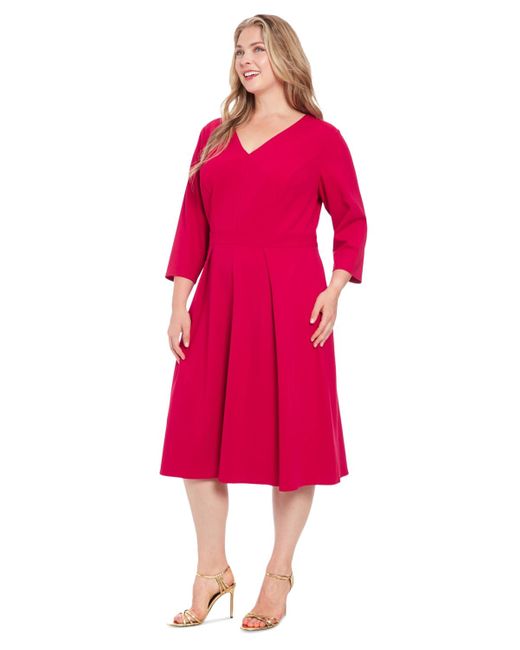 London Times Red Plus Size Topstitched 3/4-sleeve Dress