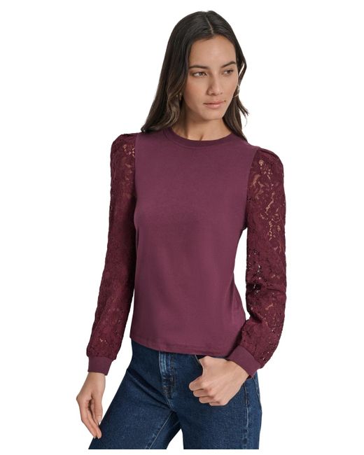 DKNY Blue Lace Puff-sleeve Crewneck Top