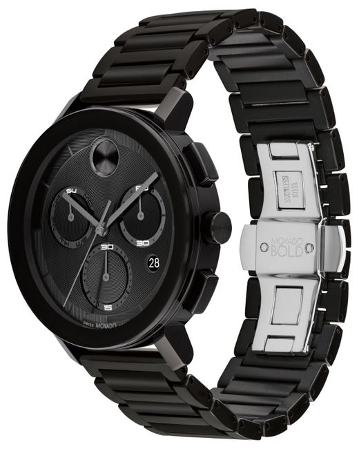 Movado Black Swiss Chronograph Bold Evolution 2.0 Ion Plated Steel Bracelet Watch 42mm for men