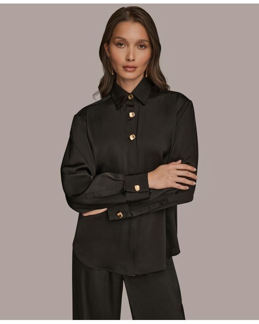 Donna Karan Gray Silk Collared Long Sleeve Button Down Top