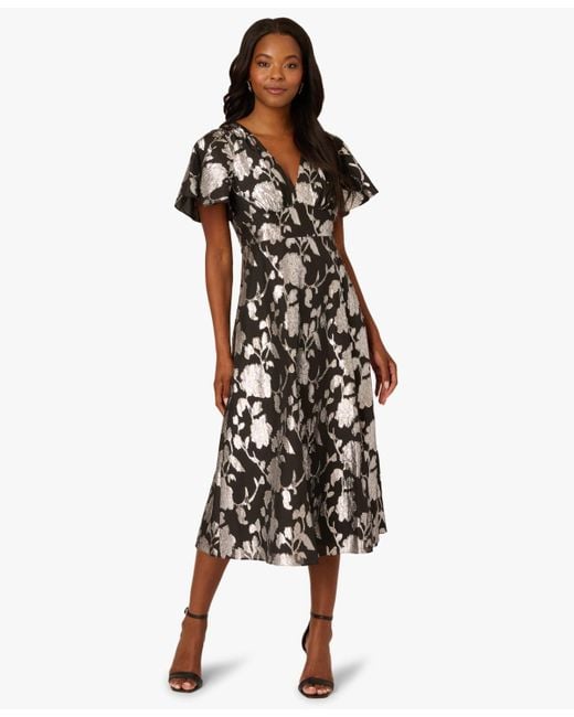 Adrianna Papell V-neck Chiffon Midi Dress in Black | Lyst