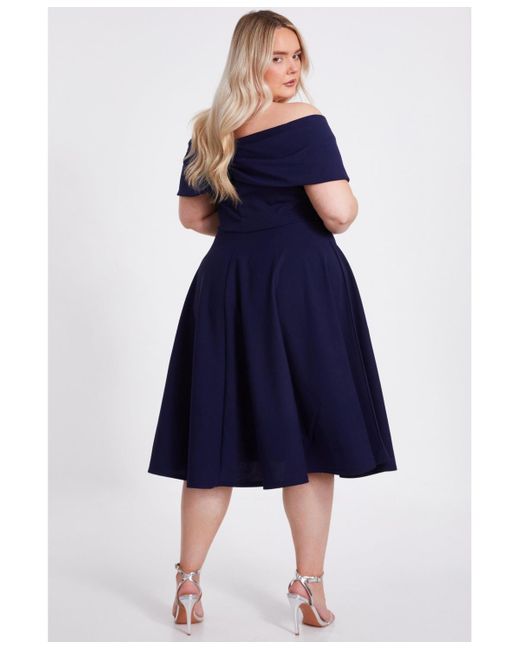 Quiz Blue Plus Size Scuba Crepe Bardot Wrap Midi Skater Dress