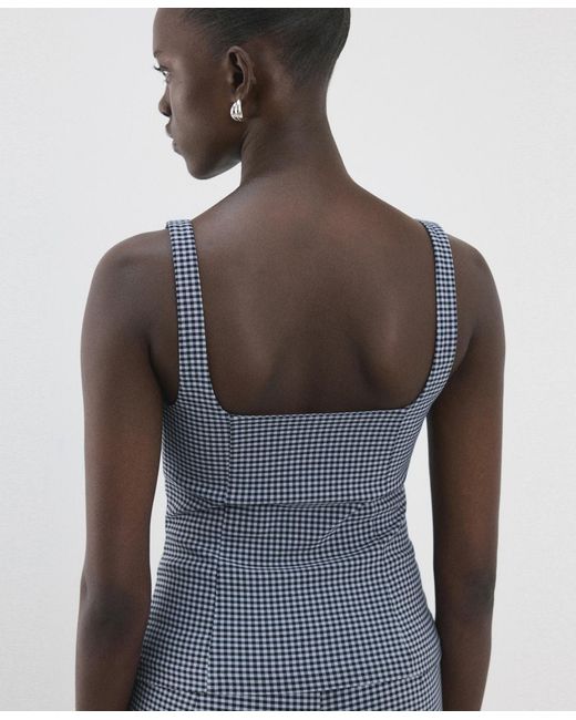 Mango Blue Gingham Check Print Fitted Top