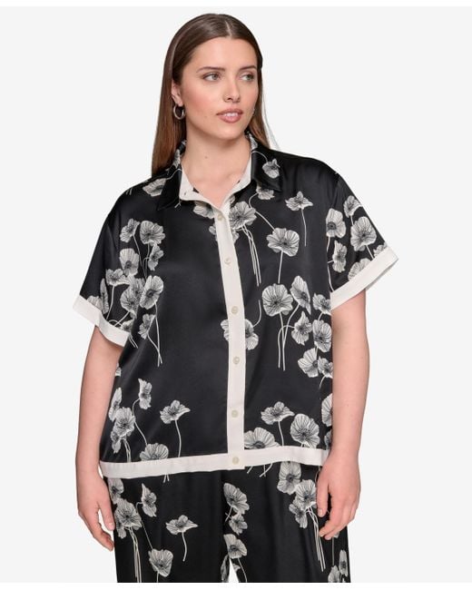 Karl Lagerfeld Black Plus Size Flower-print Button-down Shirt