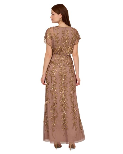 Adrianna Papell Brown Beaded Blouson-sleeve Gown