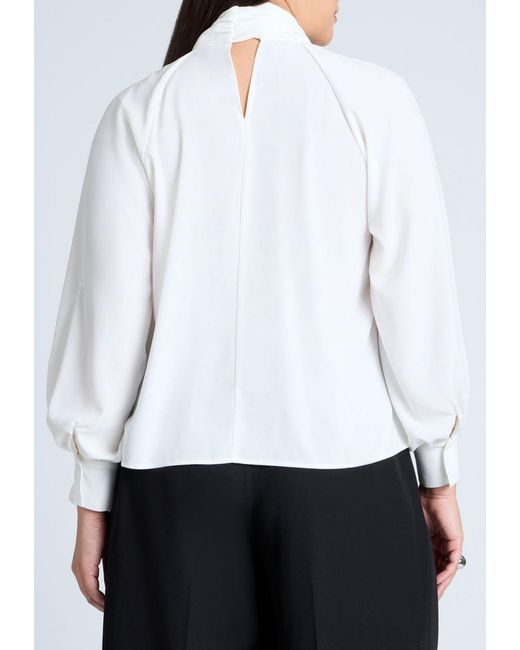 Eloquii White Plus Size Dramatic Neck-tie Blouse