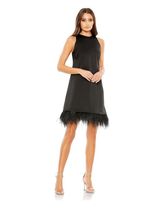 Mac Duggal Black Feathered Hem High Neck Sleeveless A Line Dress
