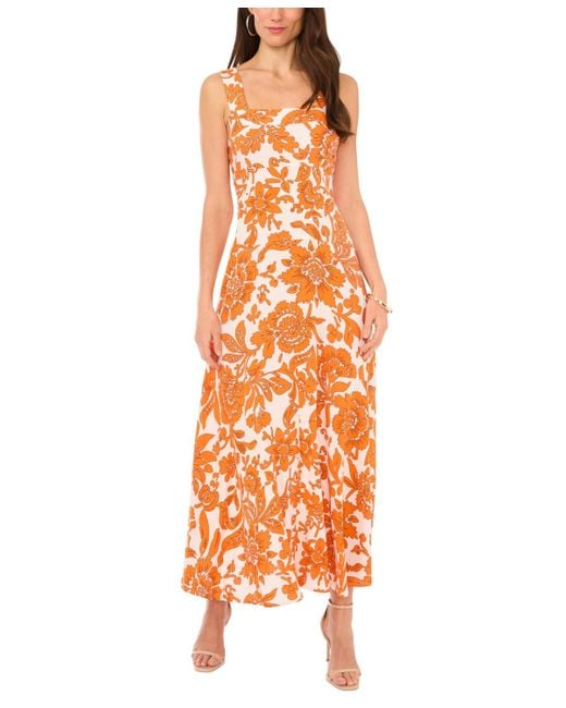 Vince Camuto Orange Printed Smocked-back Maxi Dress