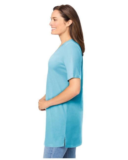 Woman Within Blue Plus Size Within Perfect Short-sleeve Shirred V-neck Tunic