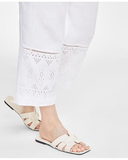 Charter Club White 100% Linen Cropped Eyelet Pull-on Pants