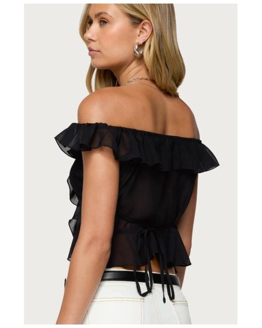 Edikted Black Sheer Chiffon Ruffled Off Shoulder Top