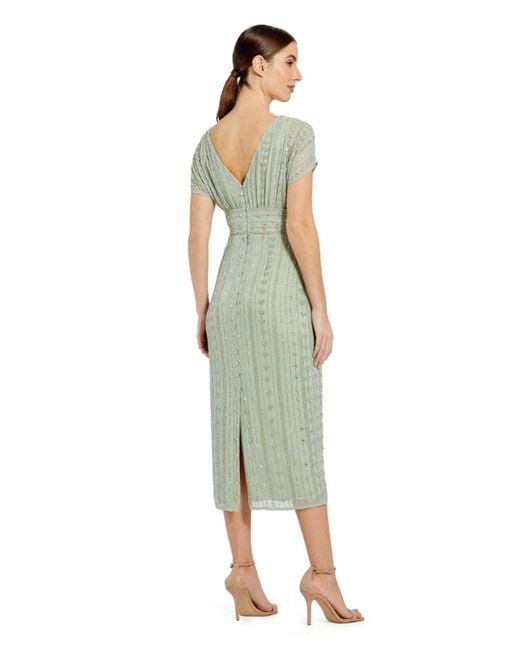 Mac Duggal Green Beaded Cap Sleeve Column Midi Dress