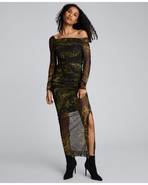 Kenneth Cole Black Long Sleeve Ruched Printed Sheath Dress