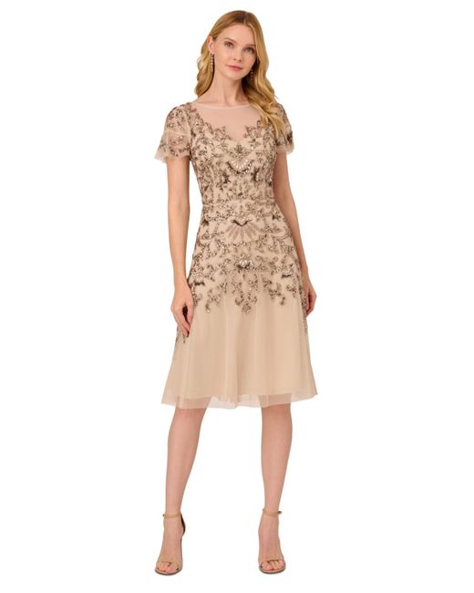 Adrianna Papell Natural Embellished Flutter-sleeve Dress