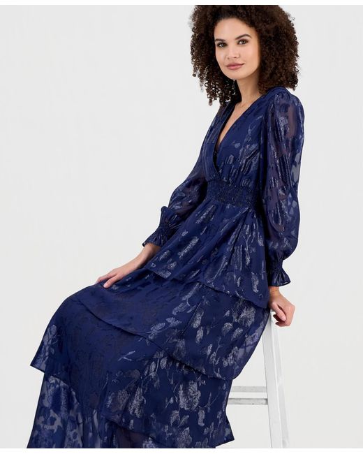 Anne Klein Women's Blue Smocked-trim Tiered Maxi Dress - cruiseboatoman.com