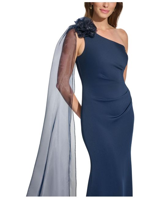 Eliza J Blue Rosette-trim Draped One-shoulder Gown