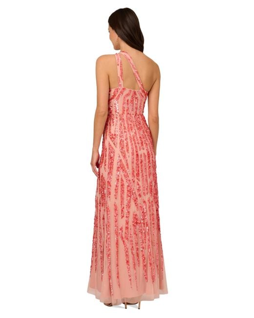 Adrianna Papell Red Asymmetric-neck Beaded Gown