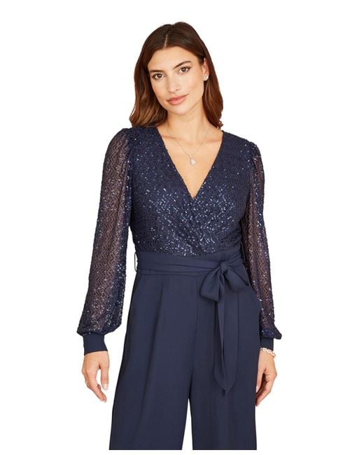 Yumi' Blue Long Sleeved Sequin Jumpsuit