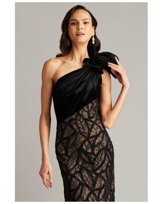 Tadashi Shoji Black Caraway One Shoulder Leaf Motif Gown
