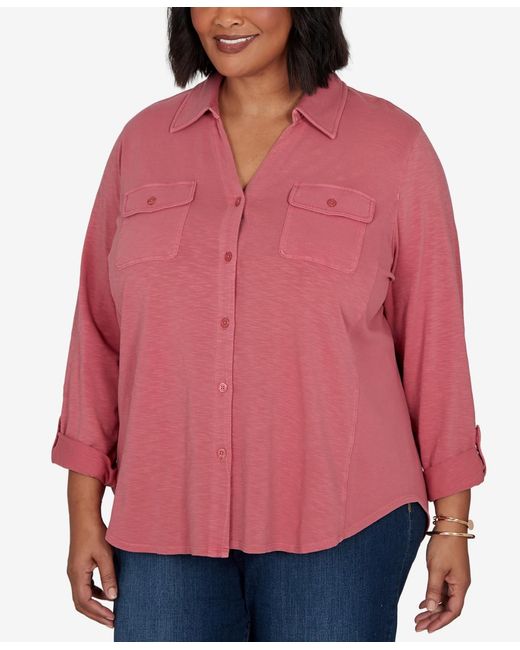 Ruby Rd Pink Plus Size Rib Trim Button Front Knit Top