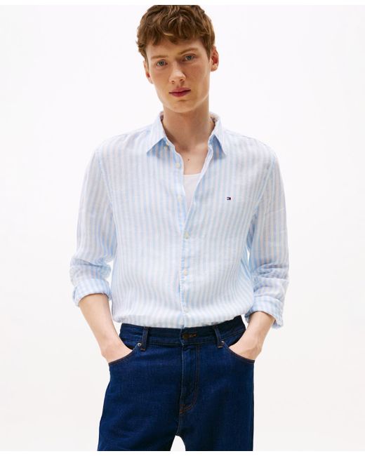 Tommy Hilfiger White Pigment-dyed Stripe Linen Button Up Shirt for men