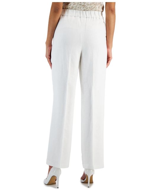 Kasper White Linen-blend Mid-rise Straight-leg Pull-on Pants