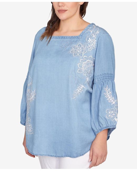 Ruby Rd Blue Plus Size Floral Embroidered Top